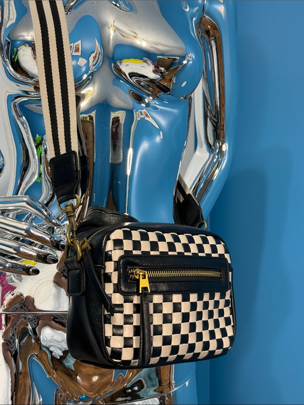 Universal Thread Black & Cream Checkered Crossbody Bag with Striped Guitar Strap